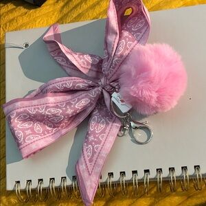 Pink Paisley Keychain with Fluffy Pom Pom